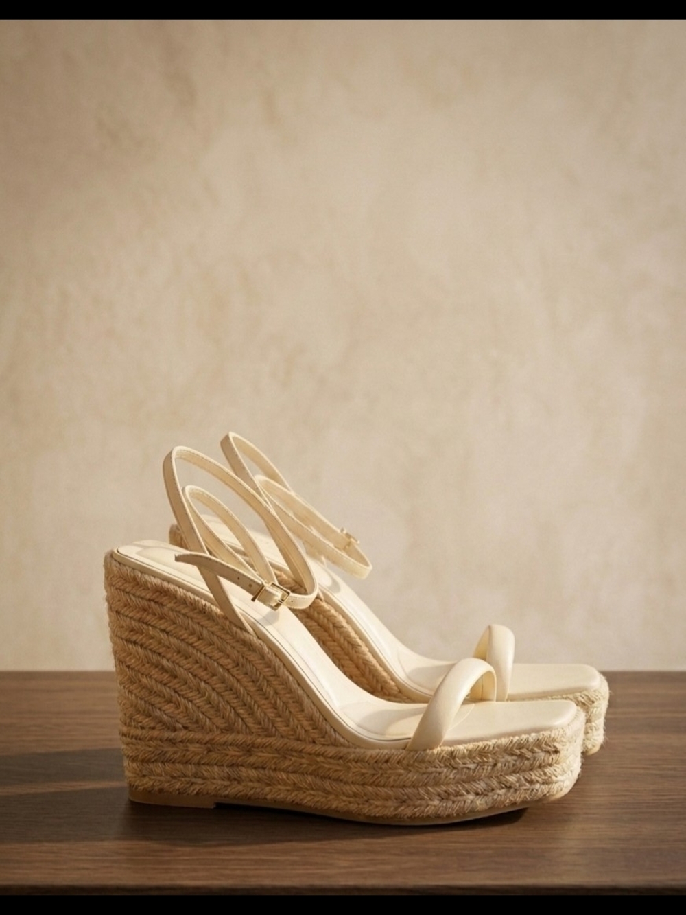 ZARA Cream Leather Jute Platform Wedge Sandals with Ankle Strap